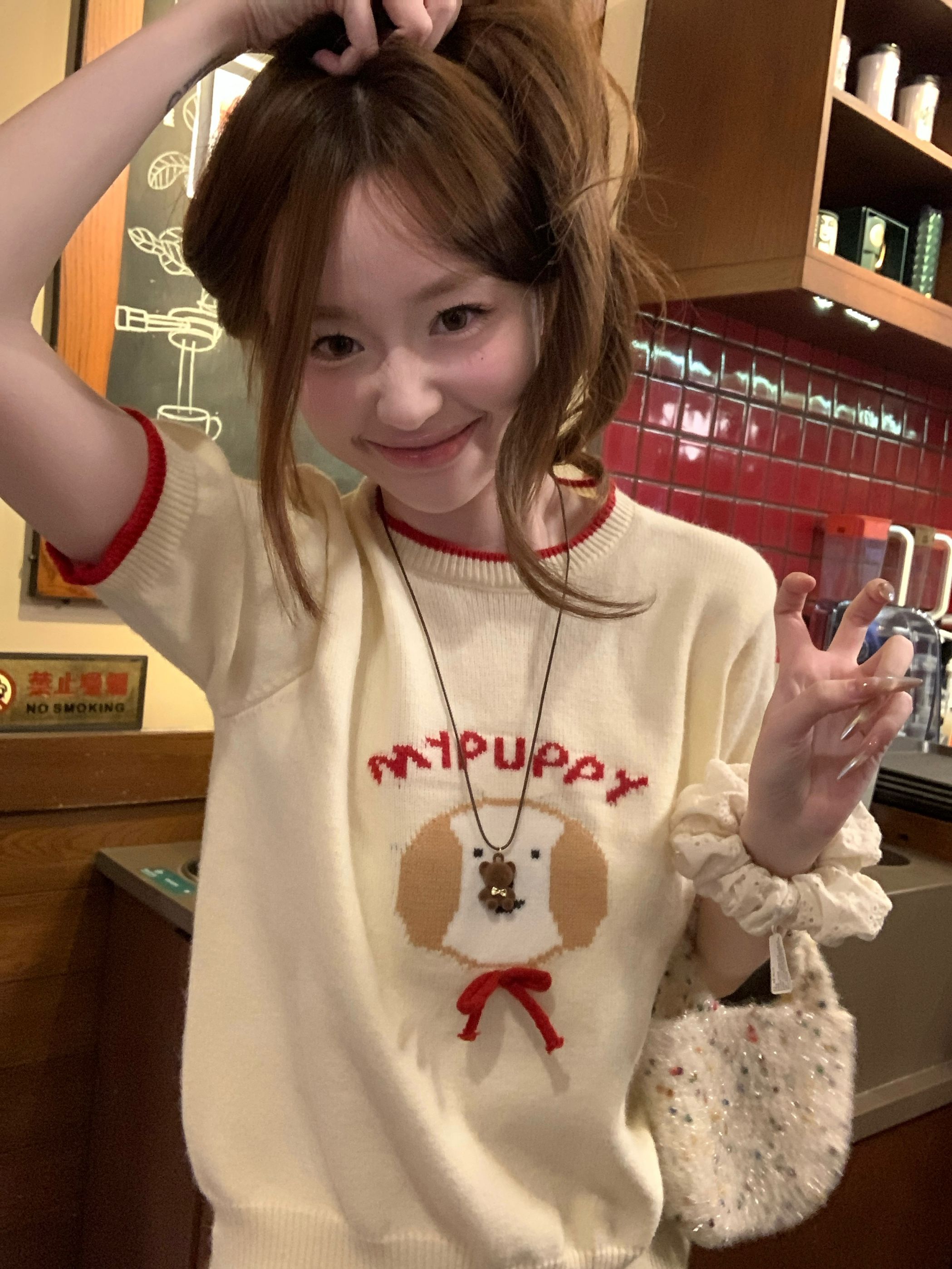Real photo of early autumn bow puppy thin sweater for women with round neck slim short-sleeved top