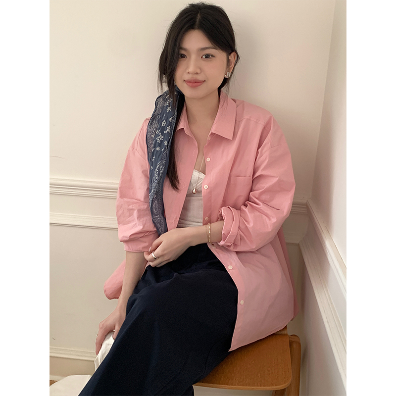 Real shot of 2025 early spring new plaid embroidered shirt Korean version ins simple solid color versatile layered outer shirt