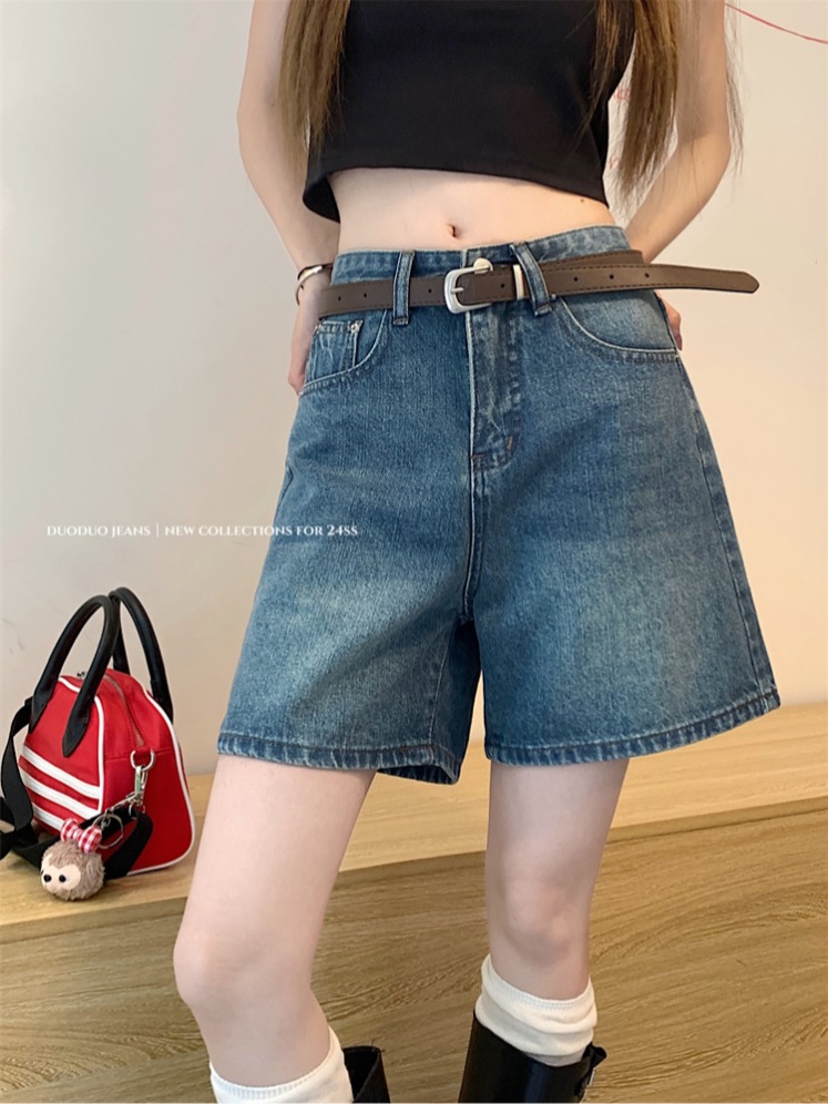 Real shot ~ Retro wash jeans for women with high waist loose straight wide-leg mid-leg shorts