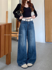 Real photo ~ American wide-leg jeans for women's new high-waist loose slim straight-leg mopping trousers