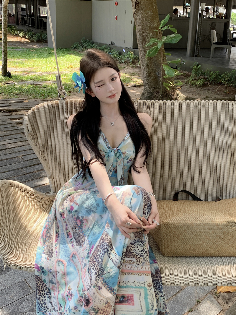 Real shot ~ Boho style retro suspender dress female sexy backless seaside vacation skirt