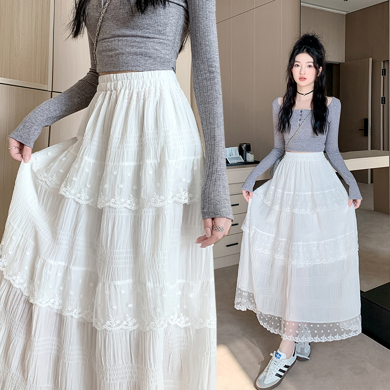 Real shot of new ballet style lace fluffy cake skirt for women French romantic layered high waist slim skirt