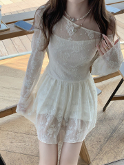 Real shot Korean design waist-hugging short skirt pure and gentle temperament sexy lace dress