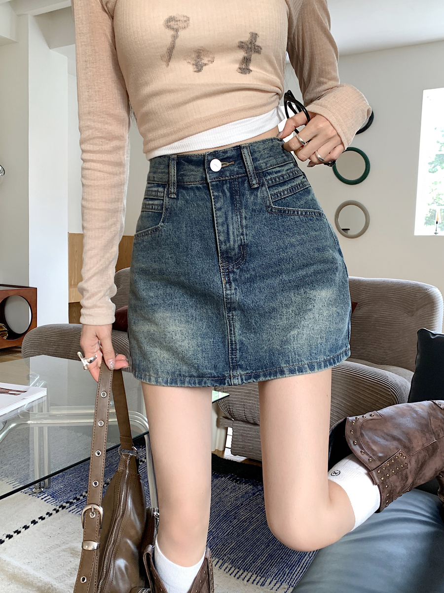 Real photo 2025 high-waist denim skirt blue denim hip skirt hot girl A-line short skirt with inner lining