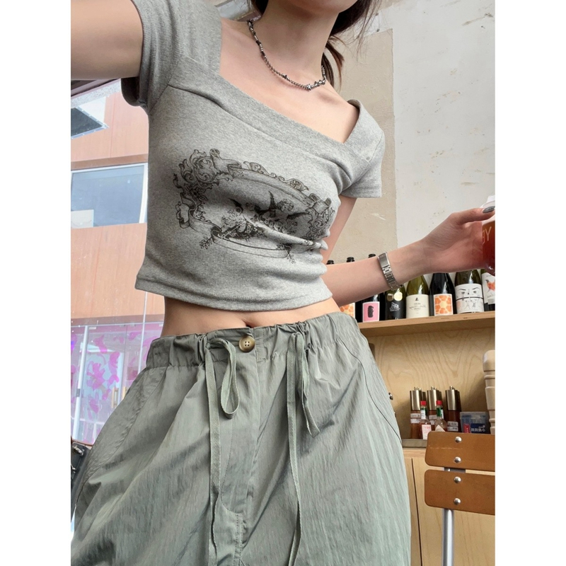 Original Korean Foreign Trade Korean Summer New Style Design Square Collar Front Shoulder Short Sleeve T-shirt Women's Summer Slim Body Clothes