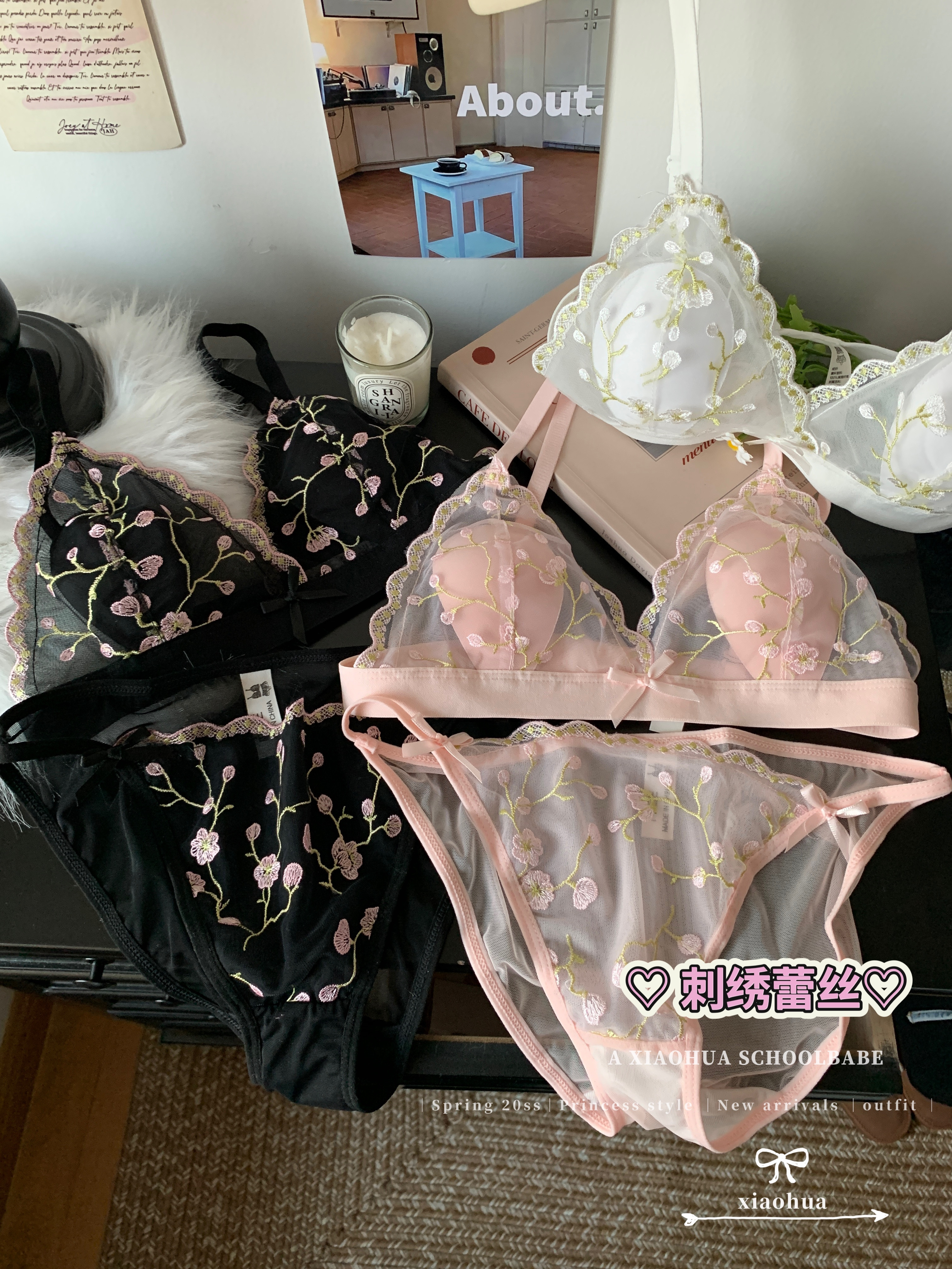 Real-price real-life lace embroidered French triangular cup underwear ultra-thin style rabbit ear cup bra without steel ring