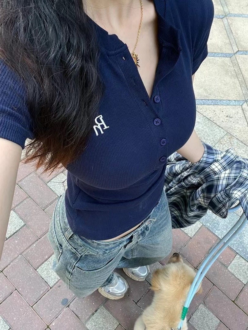 官圖 260隨心裁復古藏青色短袖t恤女修身休閒百搭上衣