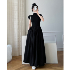 外貿夏季新款法式復古茶歇裙收腰顯瘦高級感黑色氣質溫柔風連衣裙