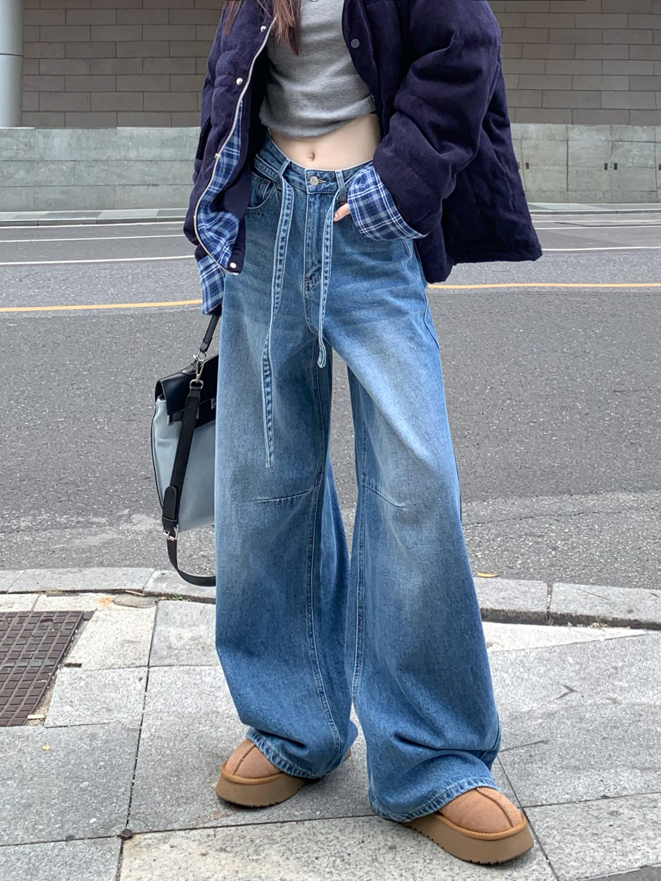 Real shot #New wide-leg denim trousers denim straps design loose big trousers and floor trousers