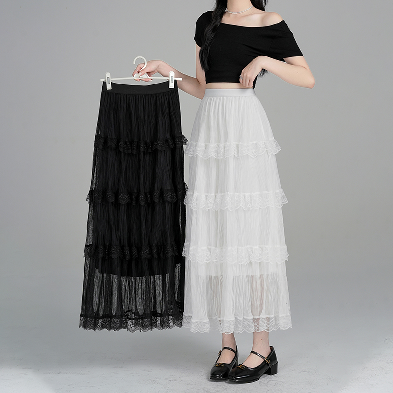 Real photo of lace spliced ​​pleated skirt for women in spring and summer gentle style fairy cake skirt elastic high waist a-line long skirt