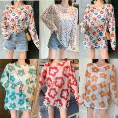 Real shot of summer loose and fresh lower body missing loose floral mesh base sunscreen long-sleeved T-shirt