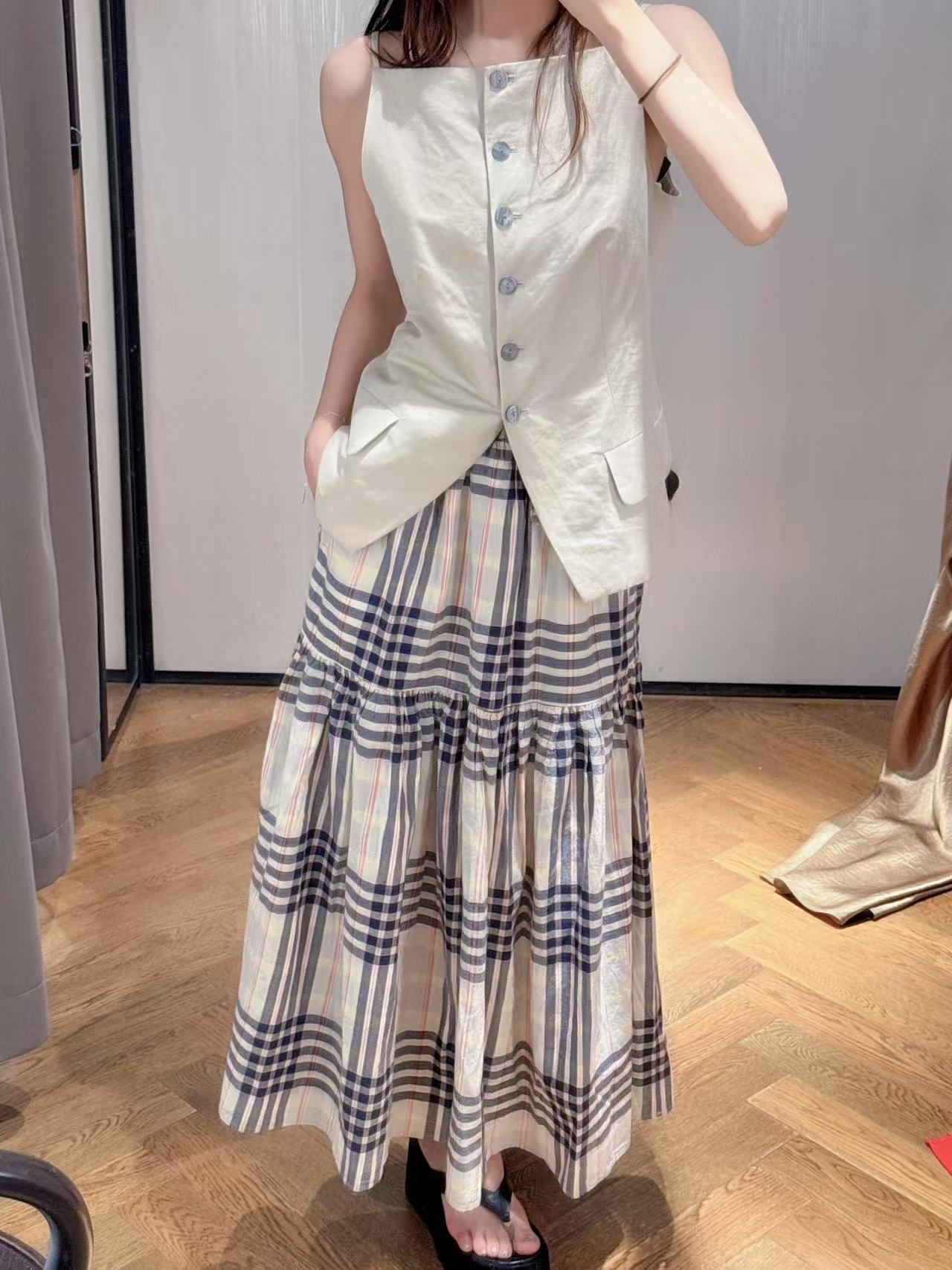 2025 日系復古馬德拉斯格紋裙子半身裙垂墜感女寬擺長裙子