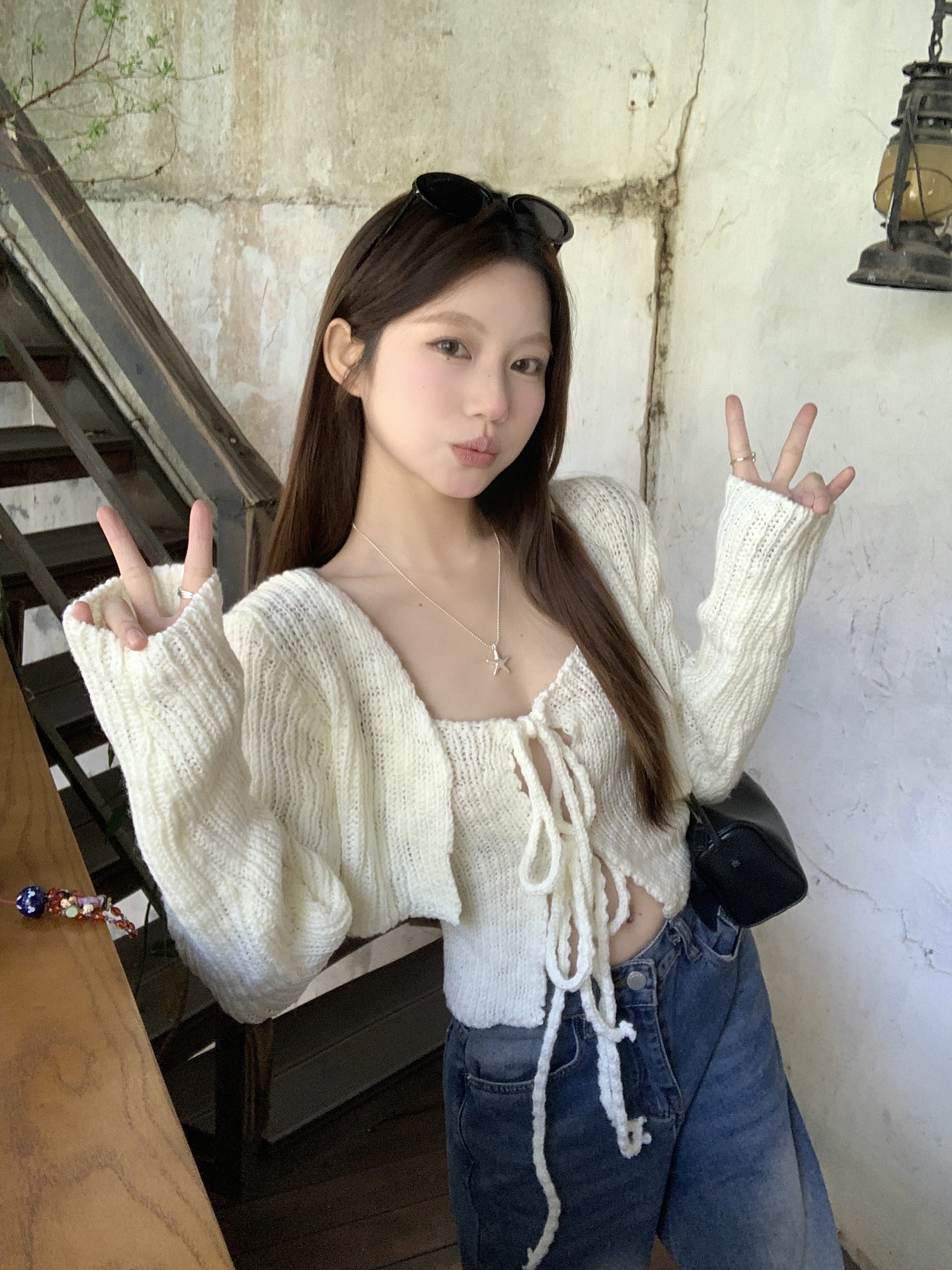 Real-life knitted cardigan suspender two-piece set for women's spring new hollow lace-up vest top set
