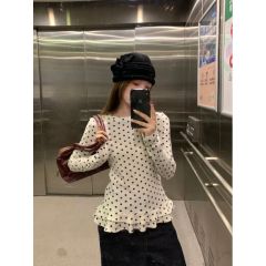 Sweet style white polka dot long-sleeved T-shirt for women in spring temperament age-reducing ruffle base shirt to make them look slim and top