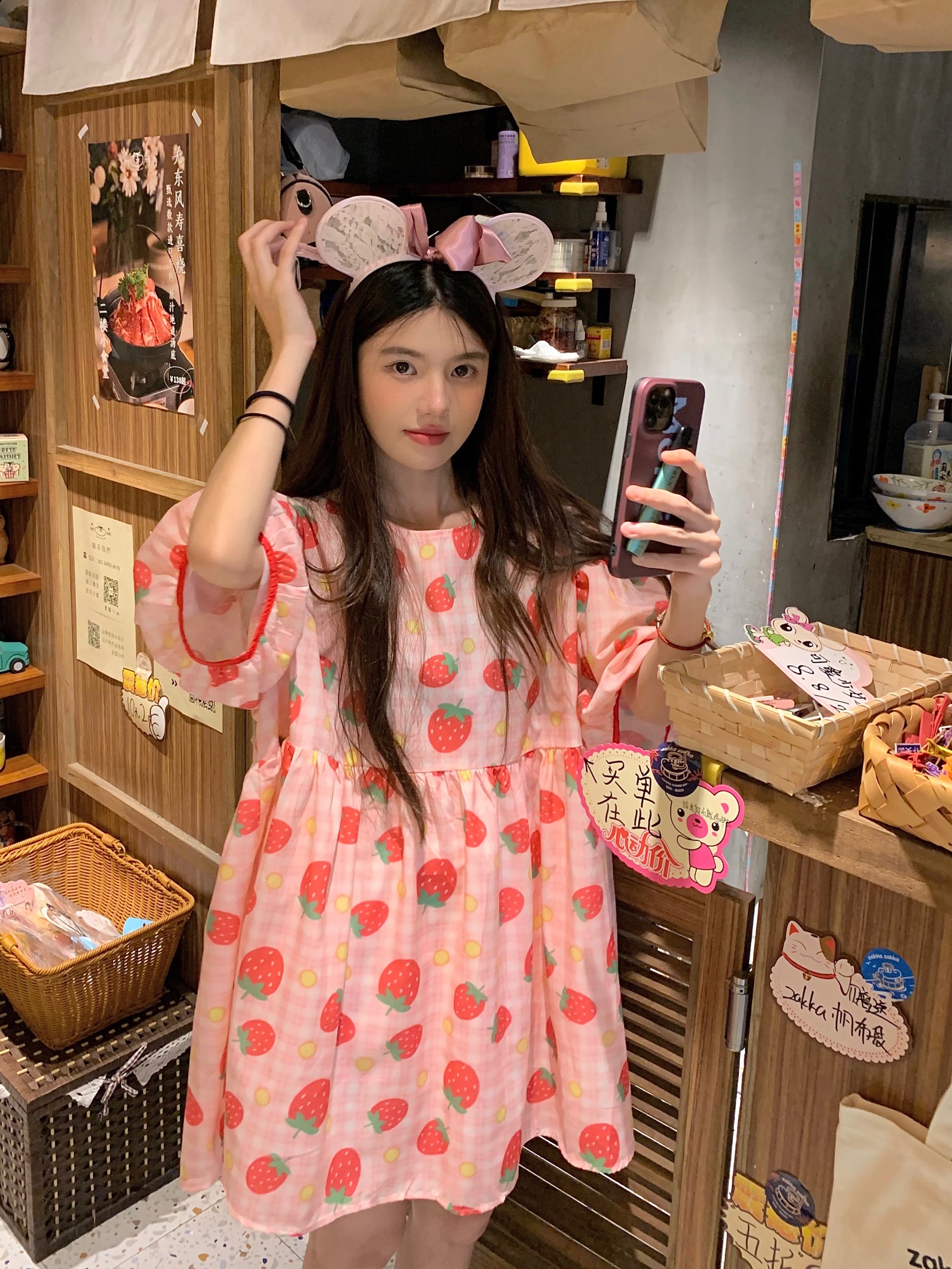 Real photo of strawberry pink small round neck pure cotton small cotton skirt plaid sweet doll skirt loose dress