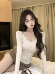 Real shot of retro sexy temperament pure and lustful splicing lace edge V-neck long-sleeved T-shirt base top for women