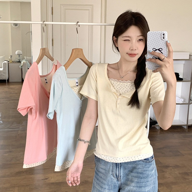 外貿原版碎花短袖T恤女夏設計感假兩件體恤顯瘦遮肚子正肩上衣