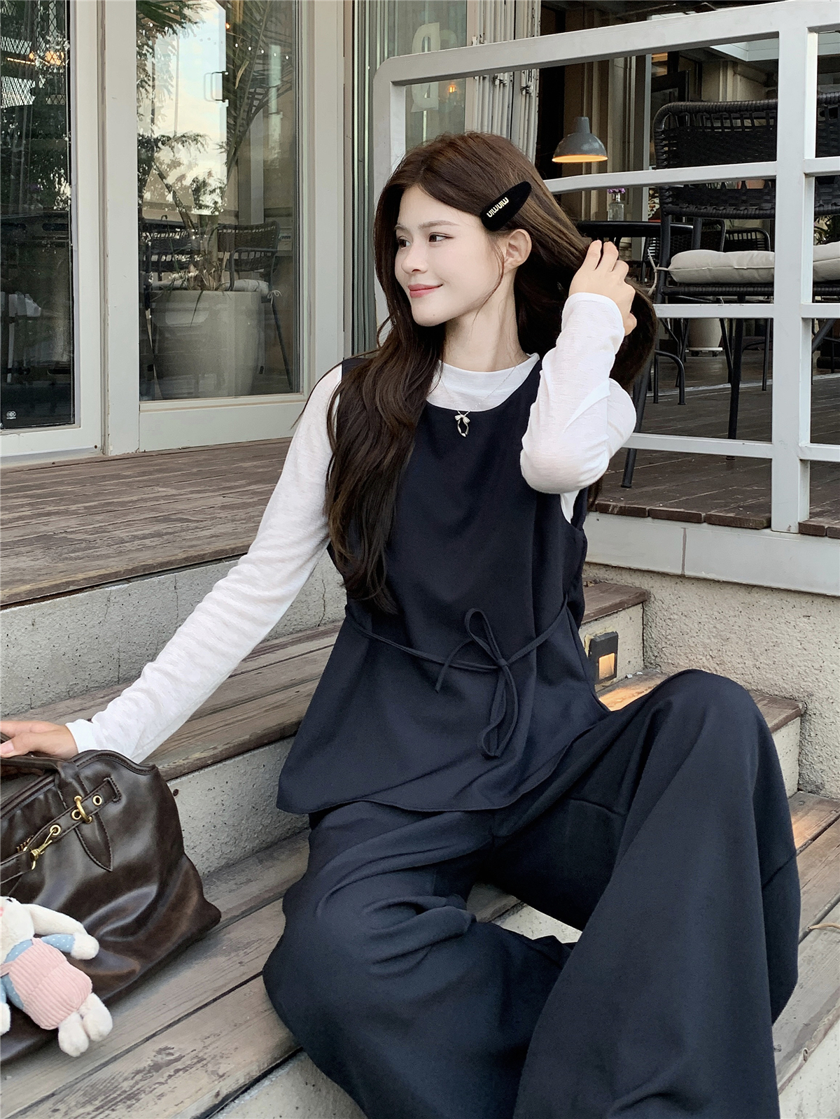 Real shot of spring and Korean simple style sleeveless strapless vest wide-leg pants suit for women long sleeves and three-piece set