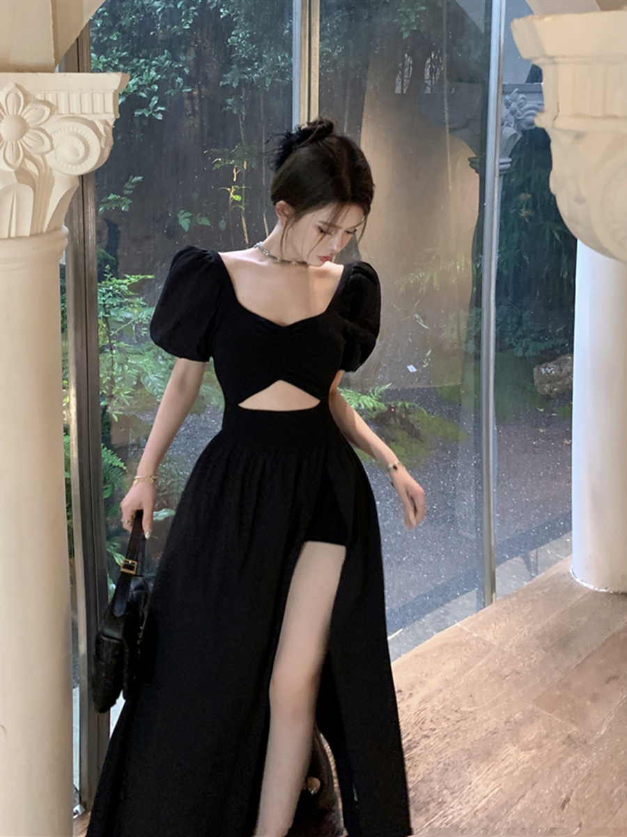 Real photo of Hepburn style slit dress summer square collar retro sexy anti-exposure safety pants long skirt for women