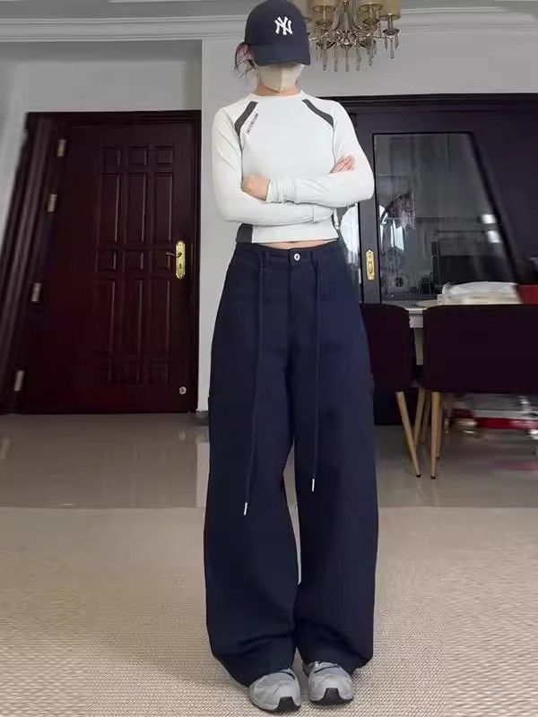Navy blue American casual pants for women in autumn new drawstring loose wide-leg pants retro temperament