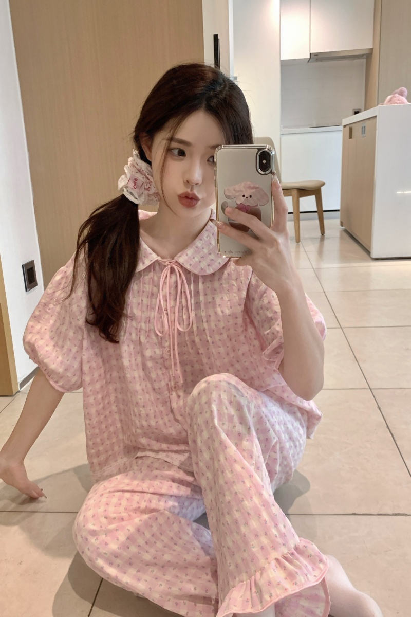 Real shot of Korean version of sweet summer loose lace fresh floral loose college style short-sleeved home clothing set