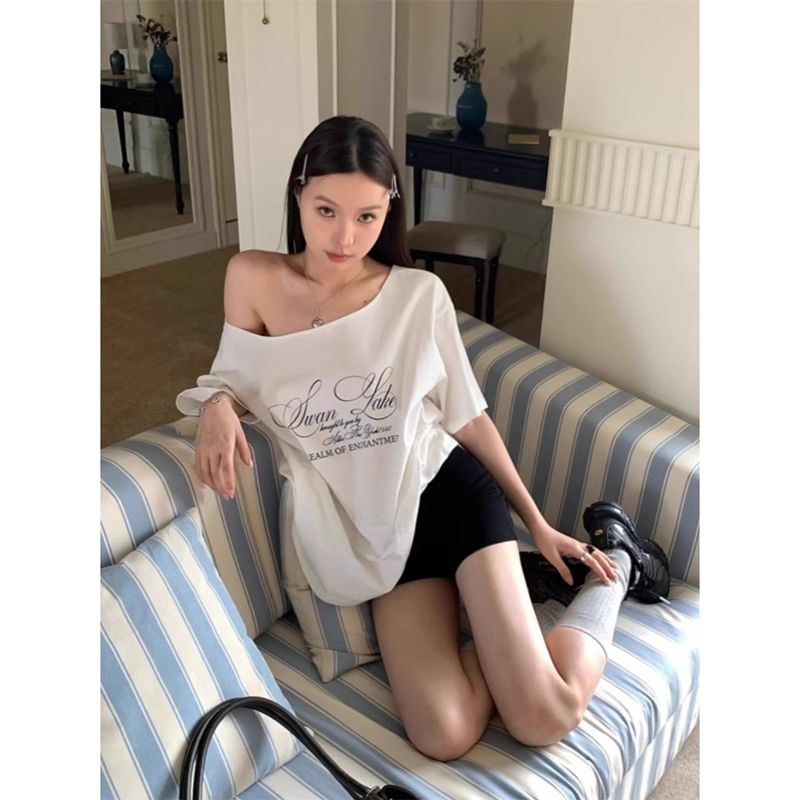 Lazy style letter printed off-shoulder short-sleeved T-shirt chic versatile top