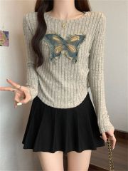 美式廢土風蝴蝶貼布長袖T恤女秋季新款設計感修身百搭上衣潮