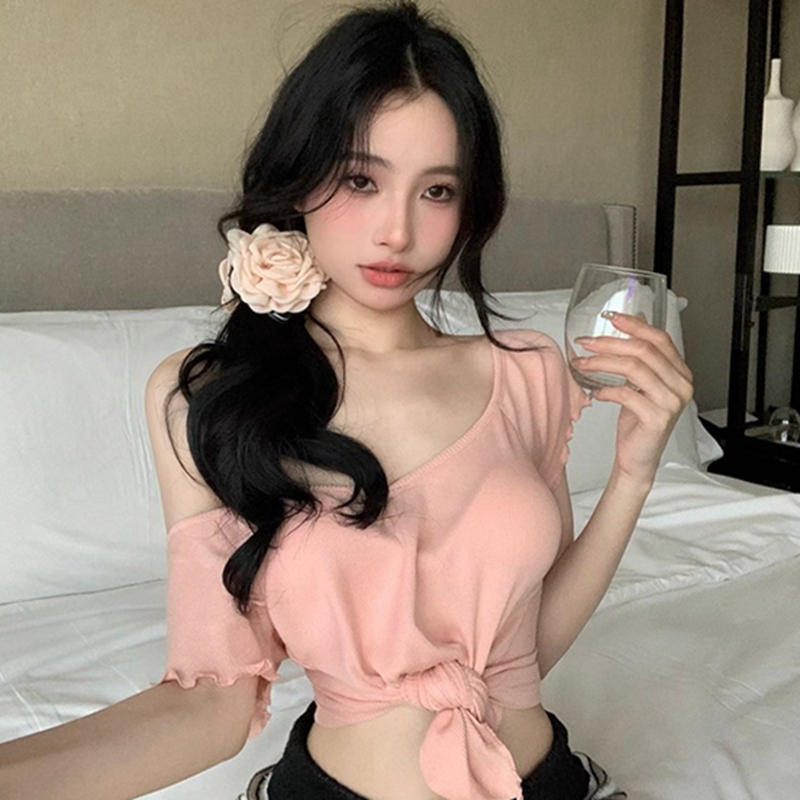 Foreign trade official picture of men's cotton rib 92 people's cotton 8 spandex summer new navel-exposed short slanted shoulders black ears short-sleeved T-shirt
