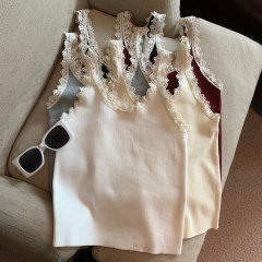 Real shot of spring lace lace splicing knitted sweater