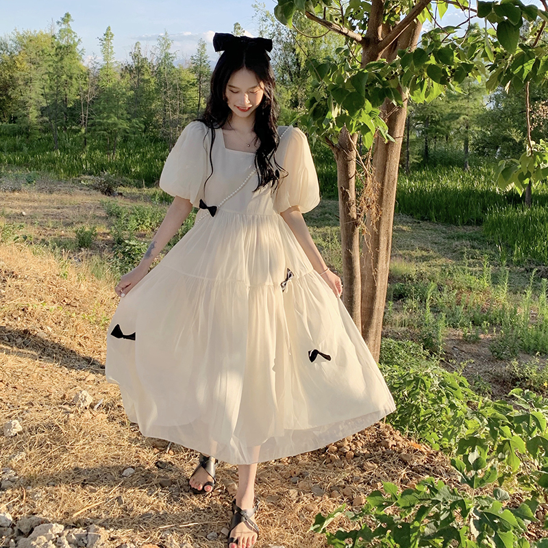 New real shot~Gentle French retro square collar gauze long fairy dress for women