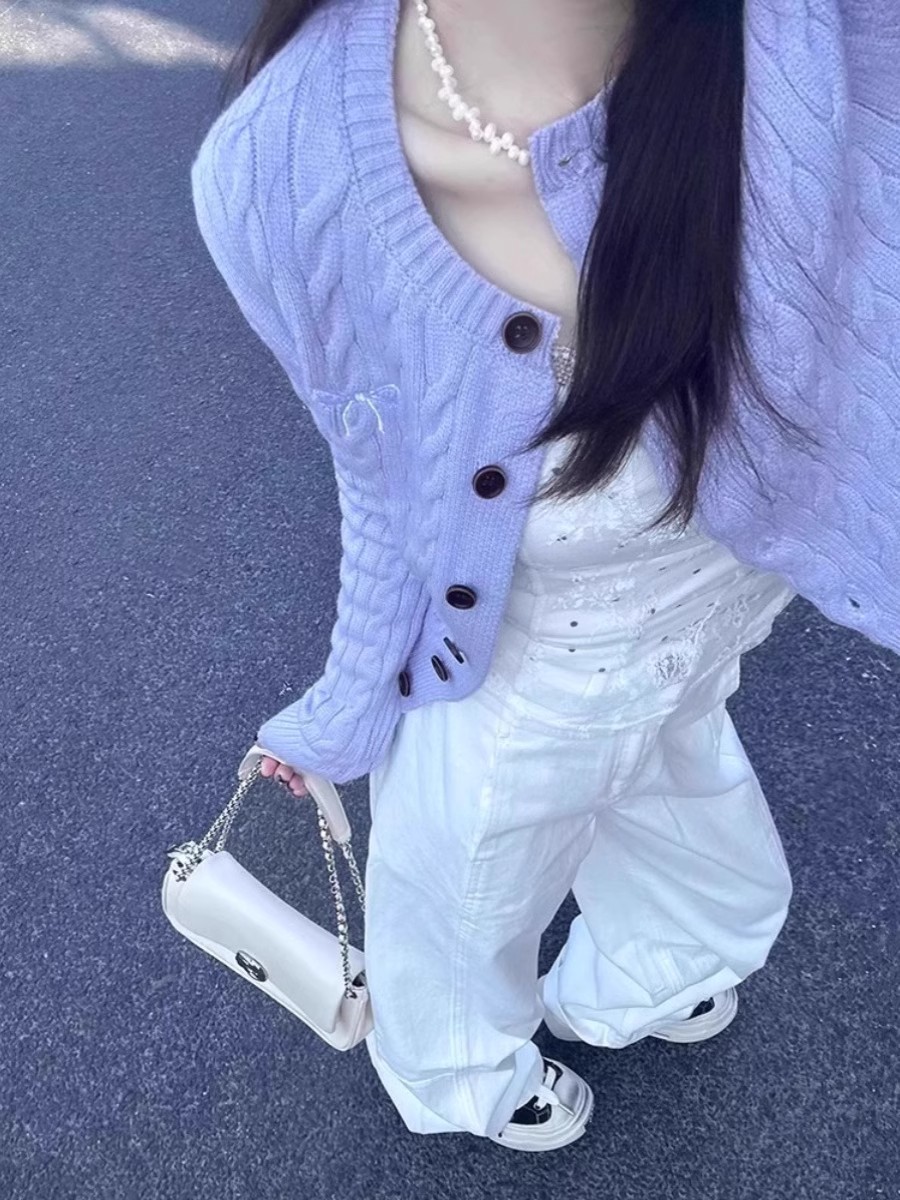 開春穿搭溫柔軟糯紫色上衣針織衫女春秋季麻花蝴蝶結開衫毛衣外套