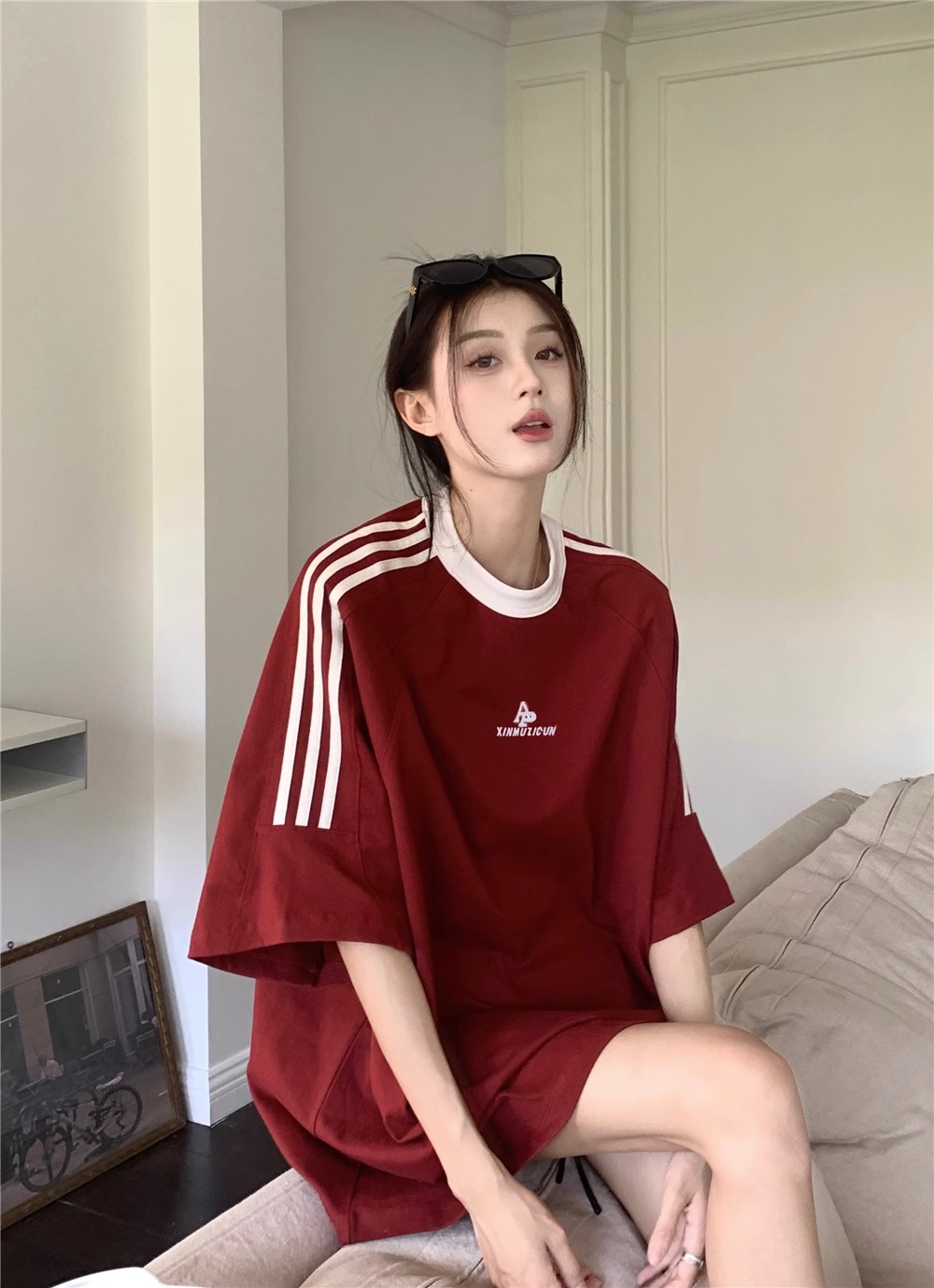 拉條+繡花21支超爽棉200克後包領240斤大碼槓條短袖女
