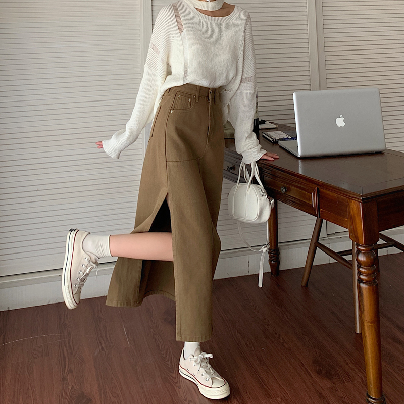 Real shot of 2025 spring Korean version of personalized slit denim skirt for women mid-length high-waisted hip long skirt