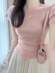 Pink Sexy Pure Desire Tea Ceremony Style Square-Shoulder Short Sleeve Knit T-shirt for Women Summer Fitted Slimming High-Waisted Short Top