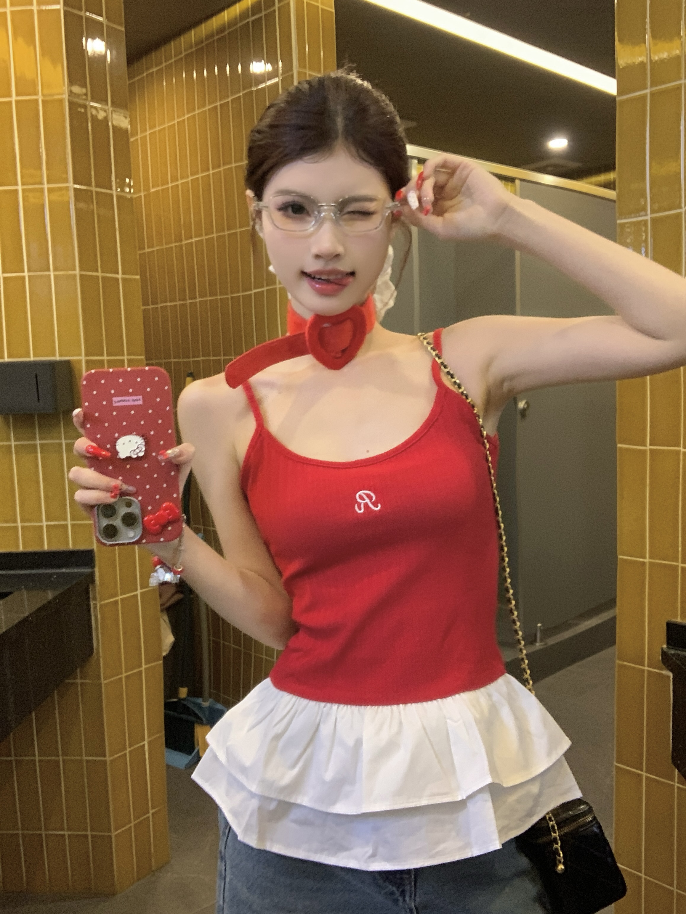 Real photo of red knitted lace suspender vest in spring, you can wear an embroidered ballet style unique top