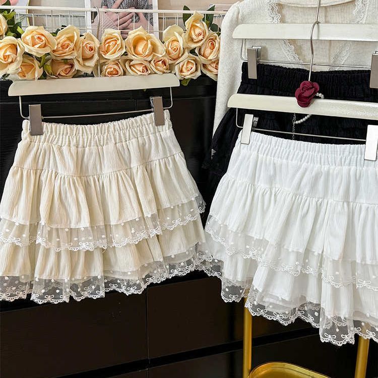 Original design, sweet and versatile, elastic high-waisted lace edge half-body skirt, ball skirt, cake skirt for women
