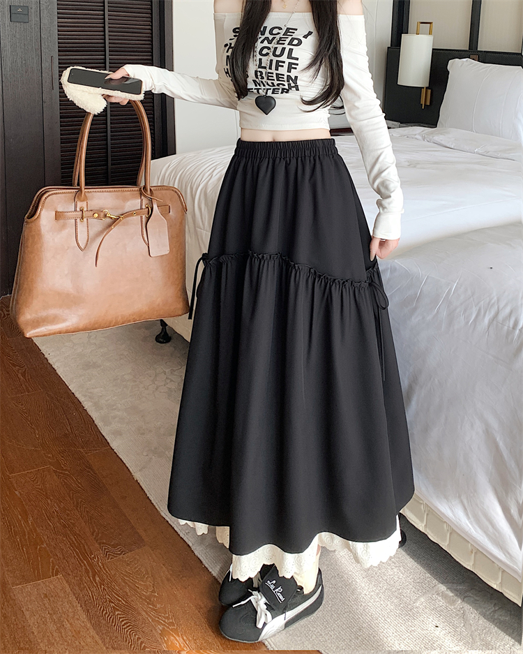 Real shot~Flexible waist, earrings, lace spliced ​​skirt for women's new high-waisted slim A-line suit long skirt