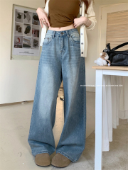Real photo ~ New early spring retro wide-leg jeans for women with high waist slimming A-line straight-leg floor trousers