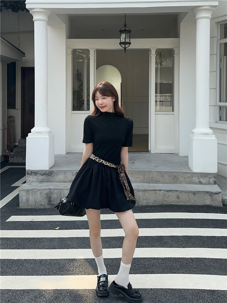 Real shot 2025 new slim fit and slim temperament spliced ​​short sleeve dress puffy short skirt