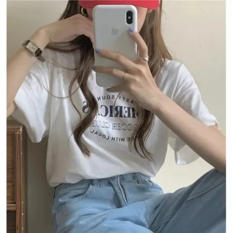 韓國外貿韓版夏季新款短袖t恤女寬鬆韓版時尚百搭短袖上衣女裝