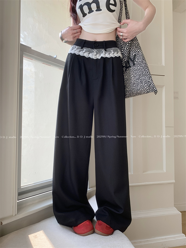 Real shot ~ New design lace spliced ​​suit casual pants for women with high waist loose straight wide-leg pants