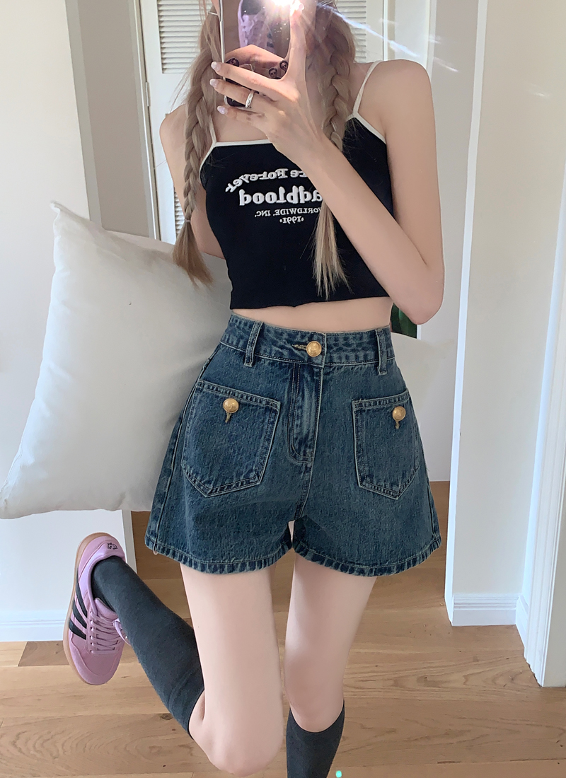 Real shot 22025 spring girl group simple casual retro jeans versatile hot girl high waist shorts