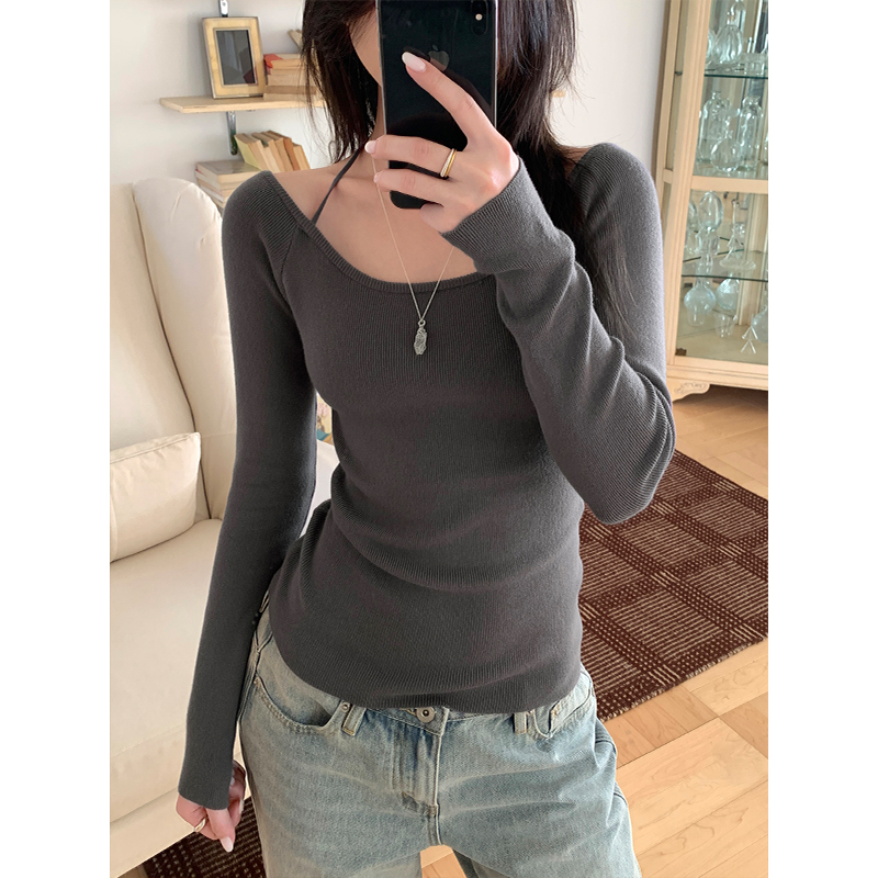 Real shot of new sexy hot girls slim and chic sweater for women 2025 early spring new halter neck strap long-sleeved top