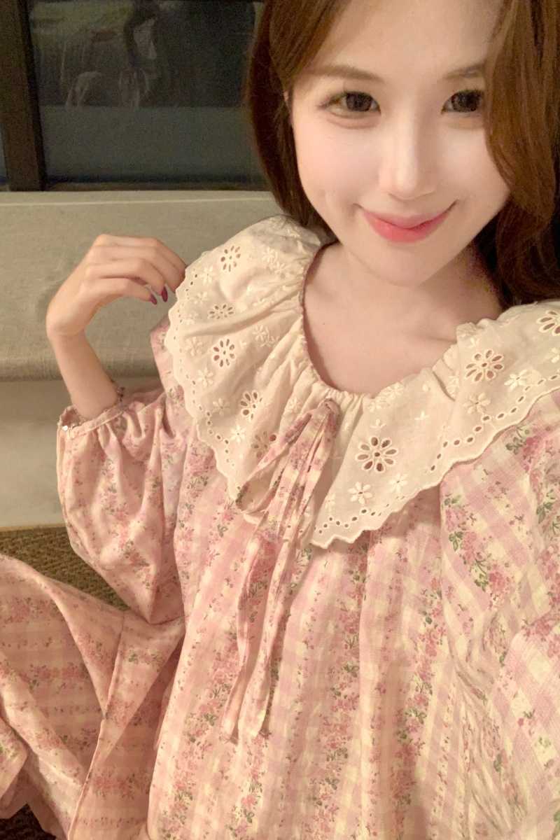 Real shot Korean version of sweet, fresh, loose, breathable cotton and linen spring and autumn long-sleeved long-sleeved home clothing set