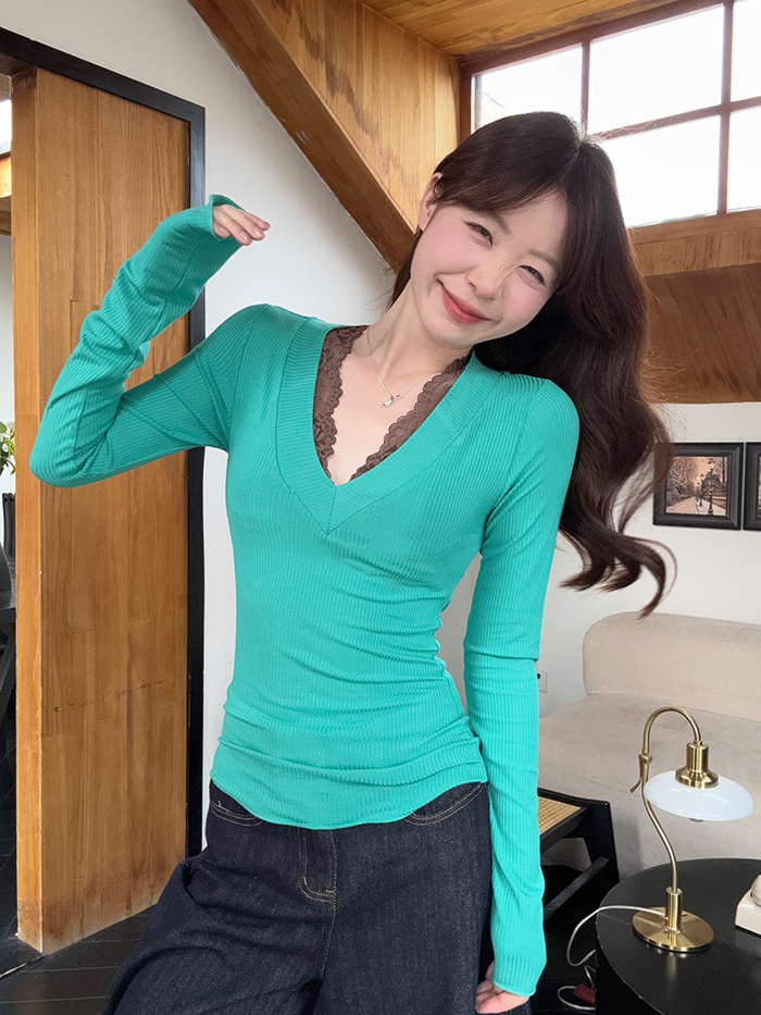 Real shot~ Spring new backless V-neck long-sleeved T-lace inner strap vest pure and lustful two-piece set