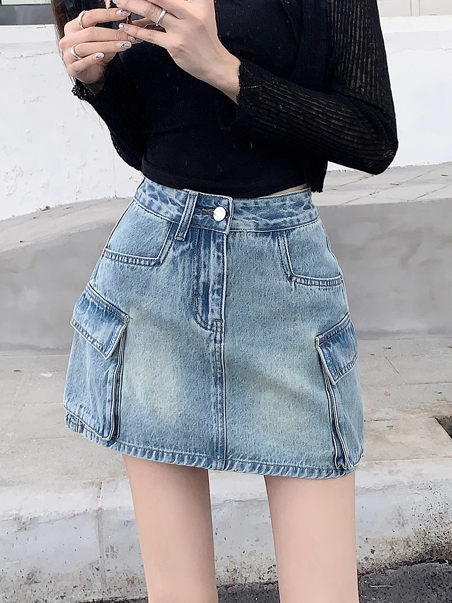 Real photo 2025 work dress skirt women's retro washing denim skirt anti-exposure A-line skirt