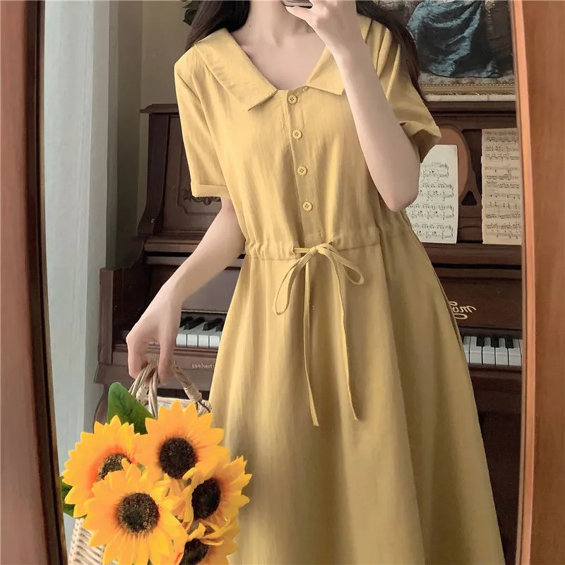 外貿大碼女裝夏季小清新森女系翻領收腰顯瘦法式桔梗棉麻連衣裙