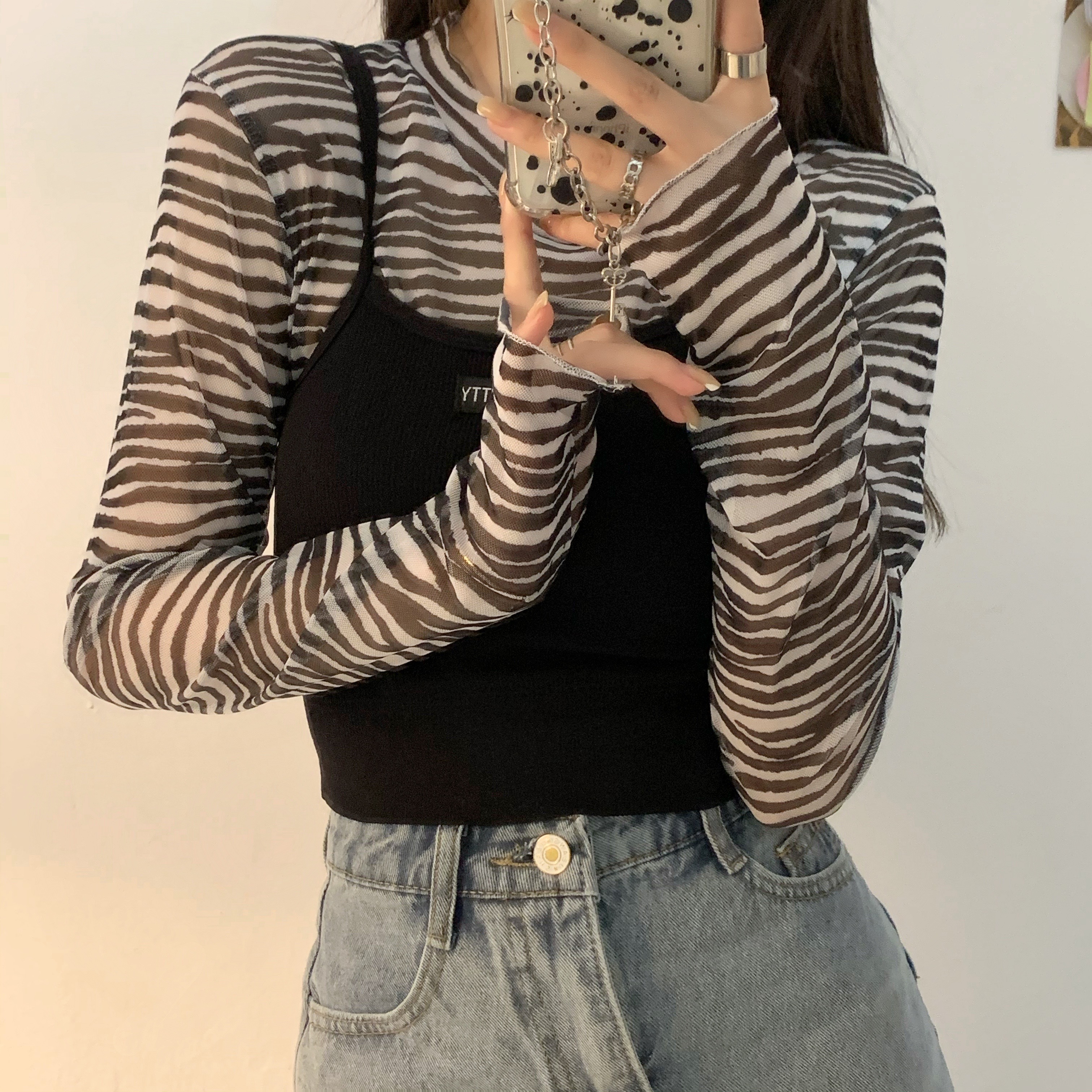 Real shot of fashionable letter mesh base shirt slim sweet hot girl long-sleeved sunscreen T-shirt top