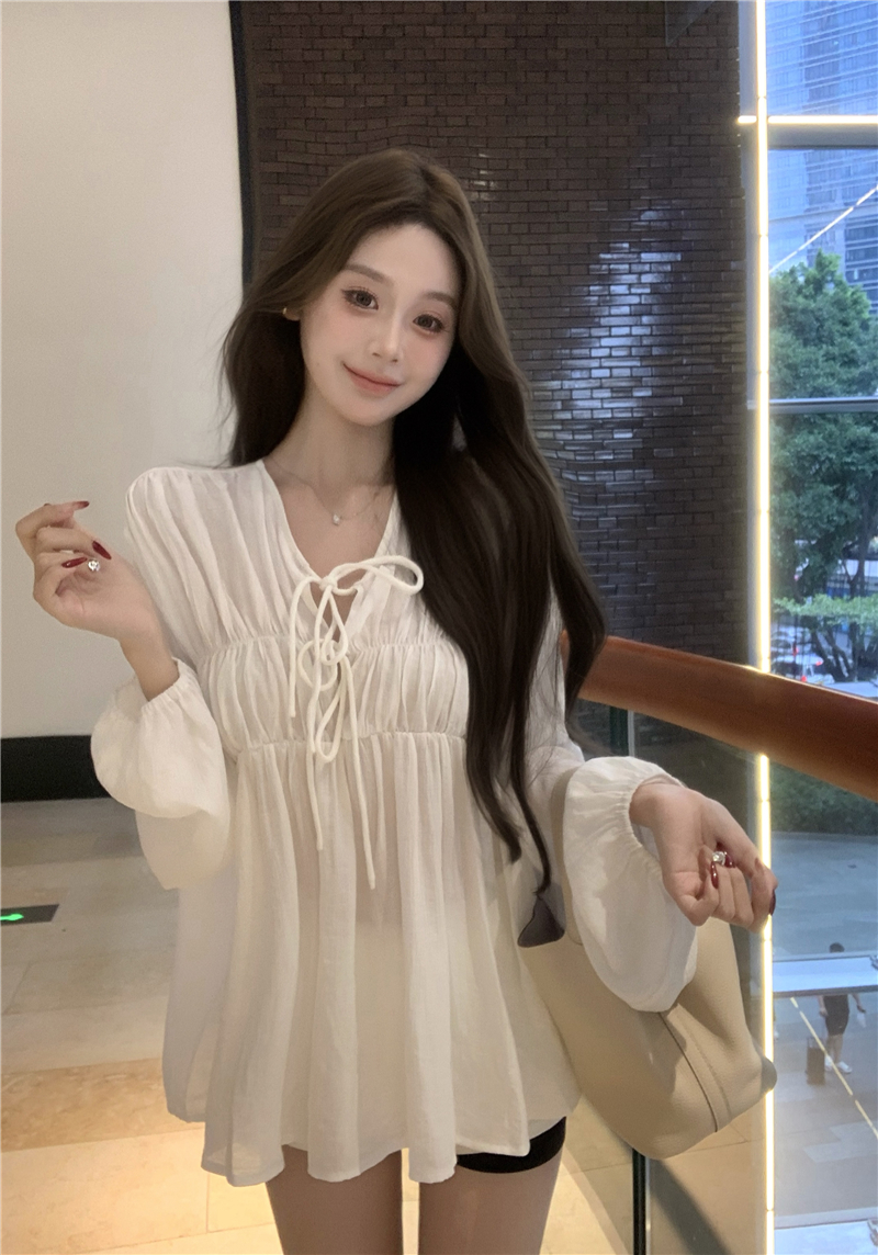 Real-life French pleated texture white shirt round neck loose women's autumn lantern sleeve top