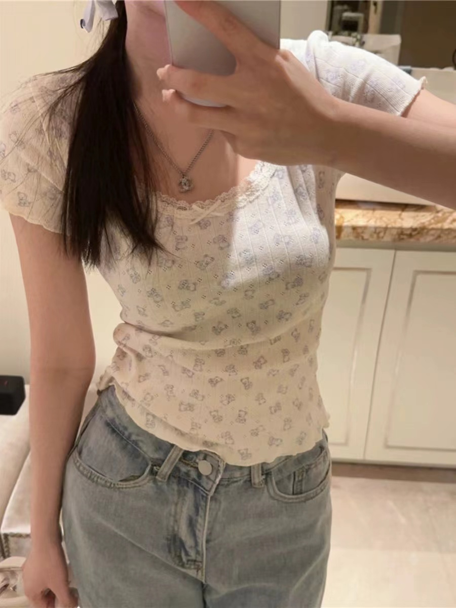 原版質量 260隨心裁純欲蕾絲花邊碎花U領T恤女夏季短款